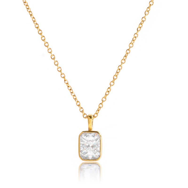 Tarnish-free stainless steel necklace with emerald-cut crystal pendant