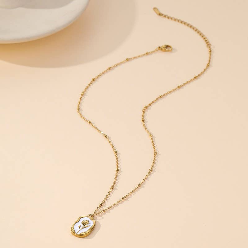 Tarnish-free stainless steel necklace with gold tulip enamel pendant