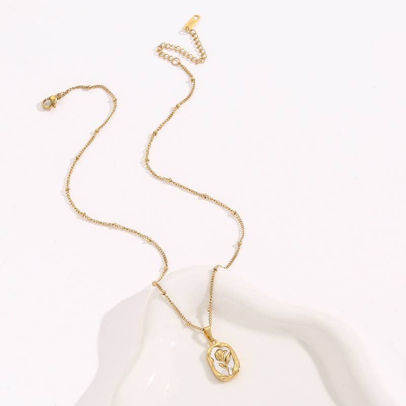 Tarnish-free stainless steel necklace with gold tulip enamel pendant