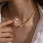 Tarnish-free stainless steel layered necklace with rhinestone circle pendant
