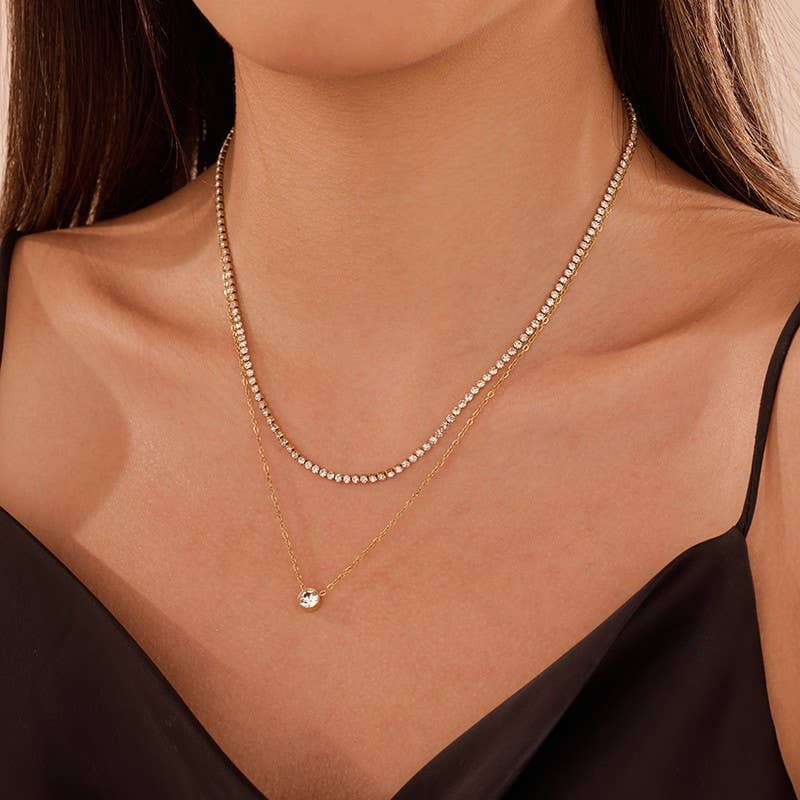 Tarnish-free stainless steel layered necklace with rhinestone pendants
