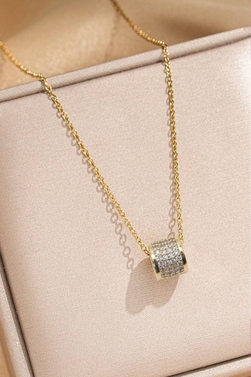 Tarnish-free stainless steel barrel necklace with rhinestone pendant
