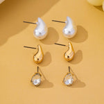 Teardrop crystal, gold-tone, and faux pearl trio stud earring set