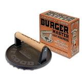 Burger Master cast iron press with wooden handle and packaging on a white background