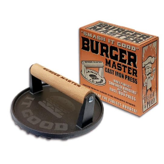 Burger Master cast iron press with wooden handle and packaging on a white background