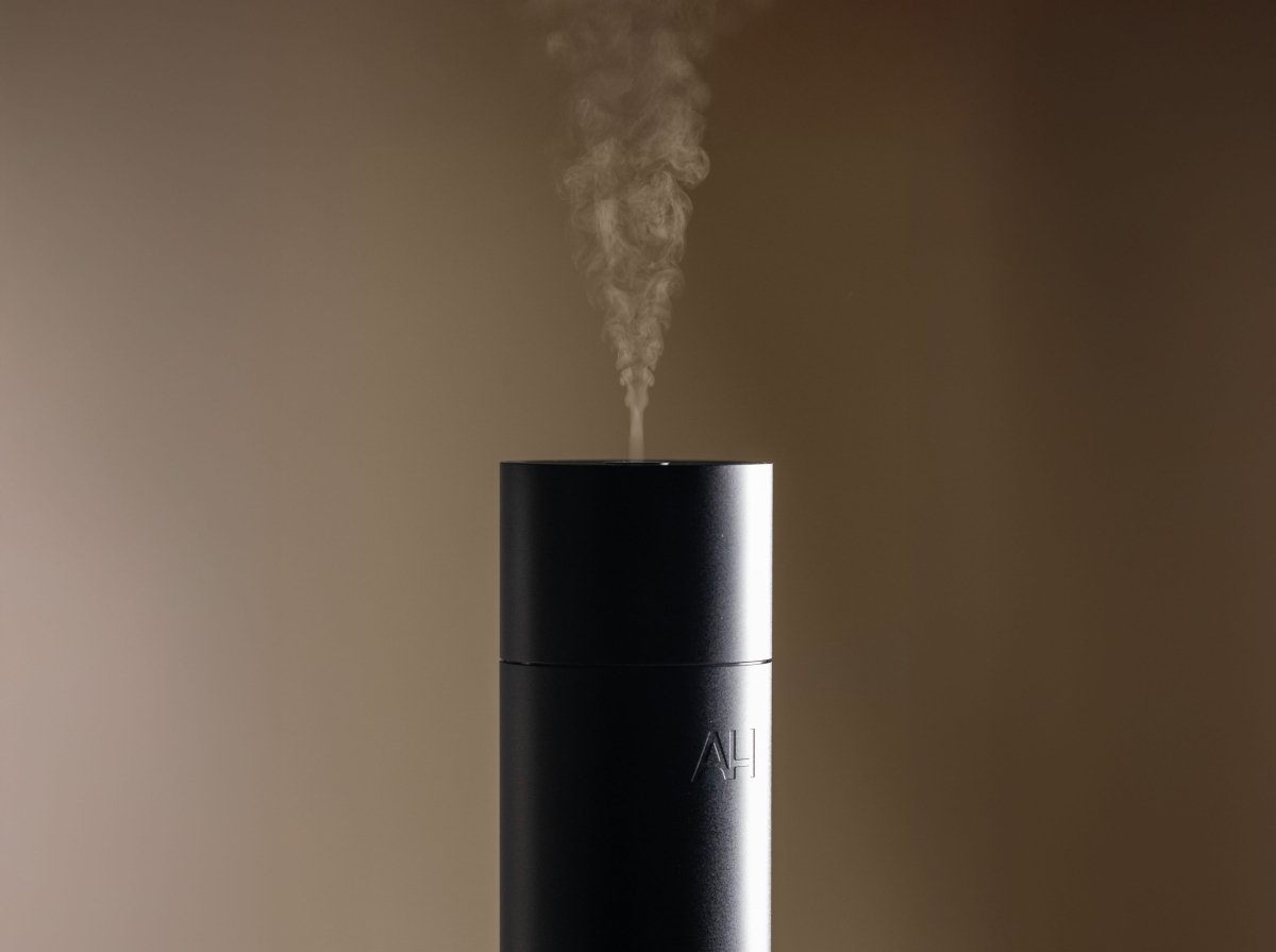 Close-up of fine cold-air mist releasing from the top of the Aura House diffuser