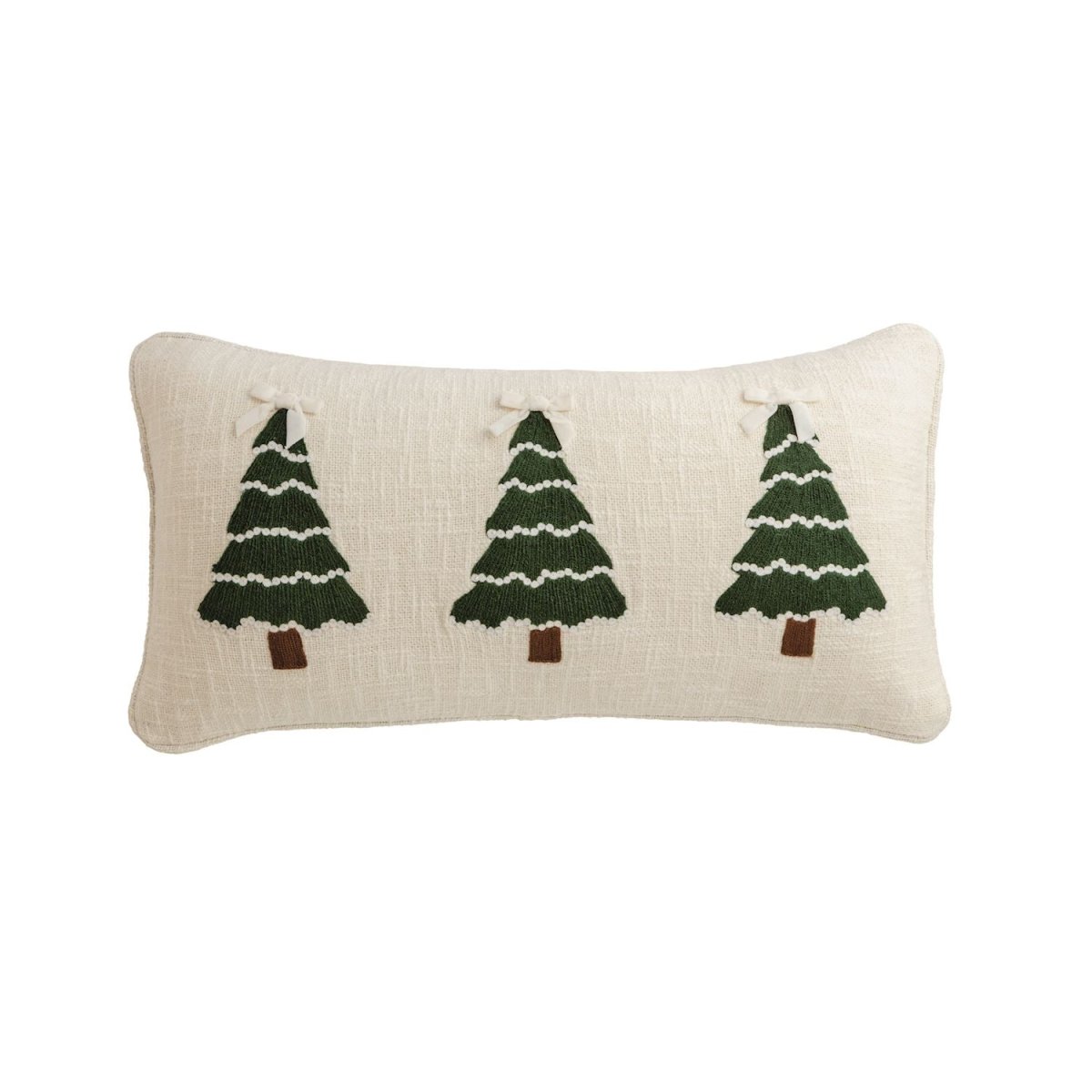 Cotton pillow with a crewel-embroidered tree motif and velvet ribbon trim
