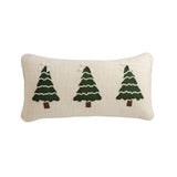 Cotton pillow with a crewel-embroidered tree motif and velvet ribbon trim
