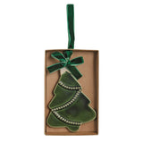 Ceramic Christmas tree ornament with reactive glaze and a velvet ribbon bow