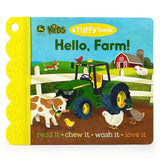 Tuffy John Deere Kids Hello, Farm! - Washable, Chewable, Unrippable Pages With Hole For Stroller Or Toy Ring, Teether Tough (A Tuffy Book) (John Deer Kids: A Tuffy Book) cover image