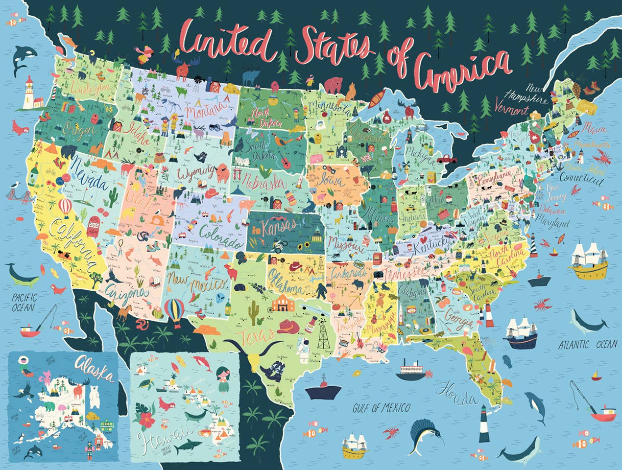 Jigsaw puzzle box for the United States Map puzzle, featuring an illustrated map with state landmarks
