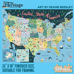 Jigsaw puzzle box for the United States Map puzzle, featuring an illustrated map with state landmarks