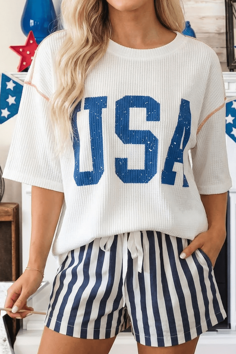 USA Graphic Half Sleeve Loose Ribbed Top - Pages & Parcels
