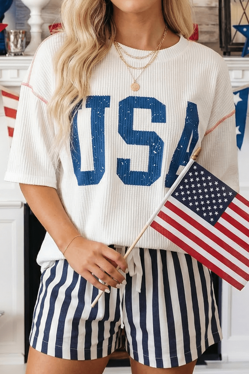 USA Graphic Half Sleeve Loose Ribbed Top - Pages & Parcels
