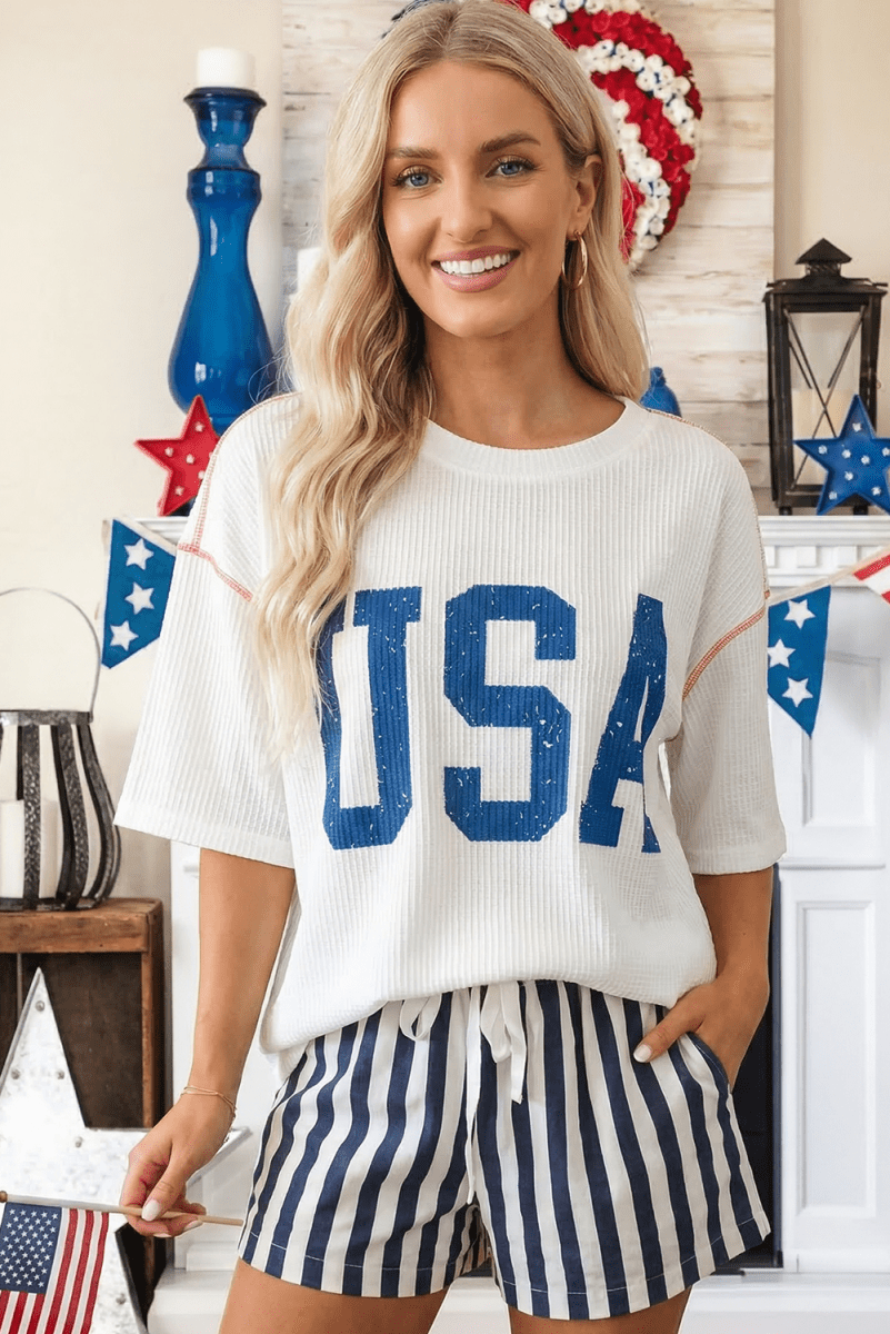 USA Graphic Half Sleeve Loose Ribbed Top - Pages & Parcels