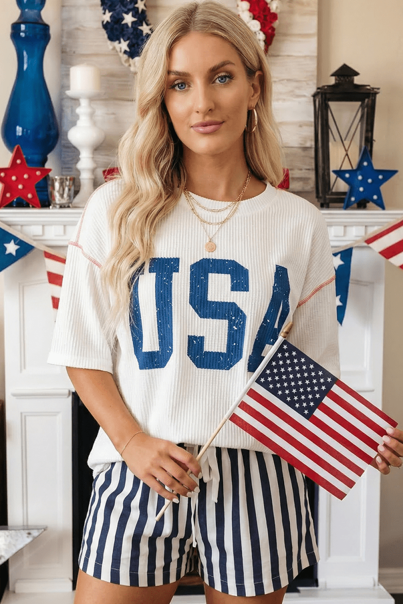 USA Graphic Half Sleeve Loose Ribbed Top - Pages & Parcels