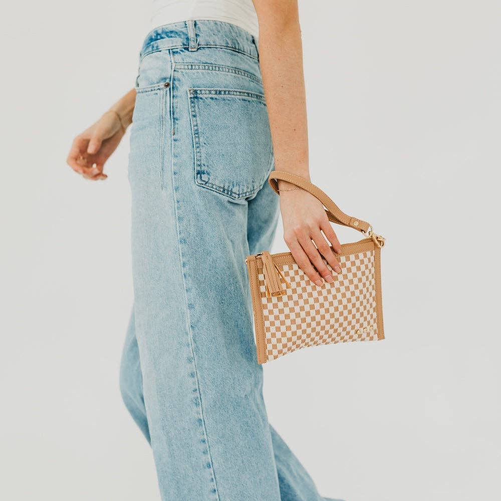 Woven vegan leather convertible crossbody and clutch bag