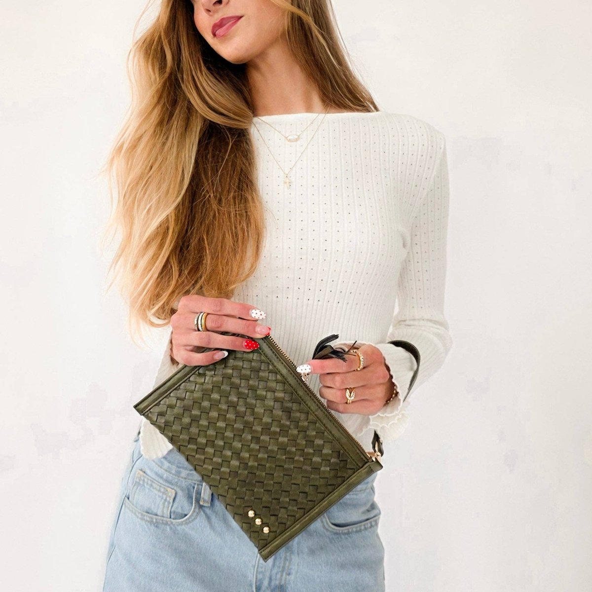 Woven vegan leather convertible crossbody and clutch bag