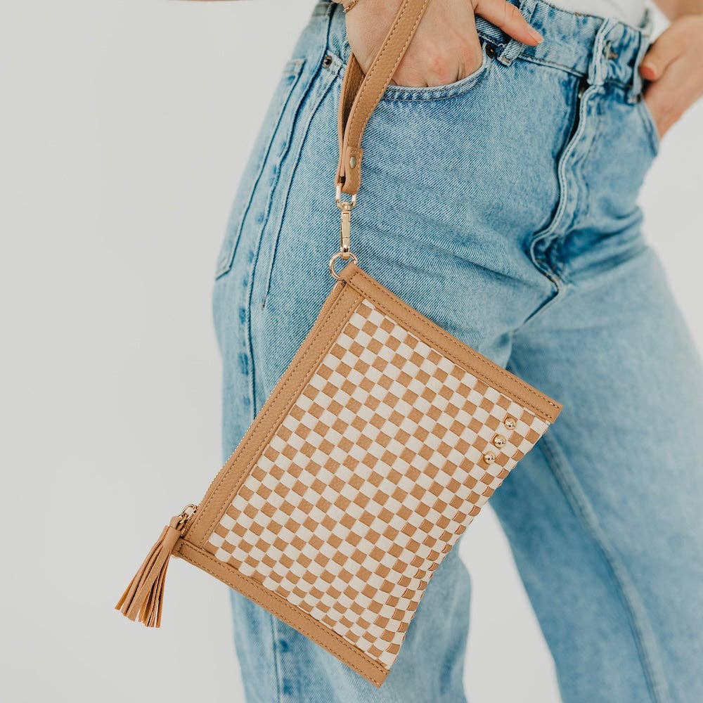 Woven vegan leather convertible crossbody and clutch bag
