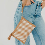 Woven vegan leather convertible crossbody and clutch bag
