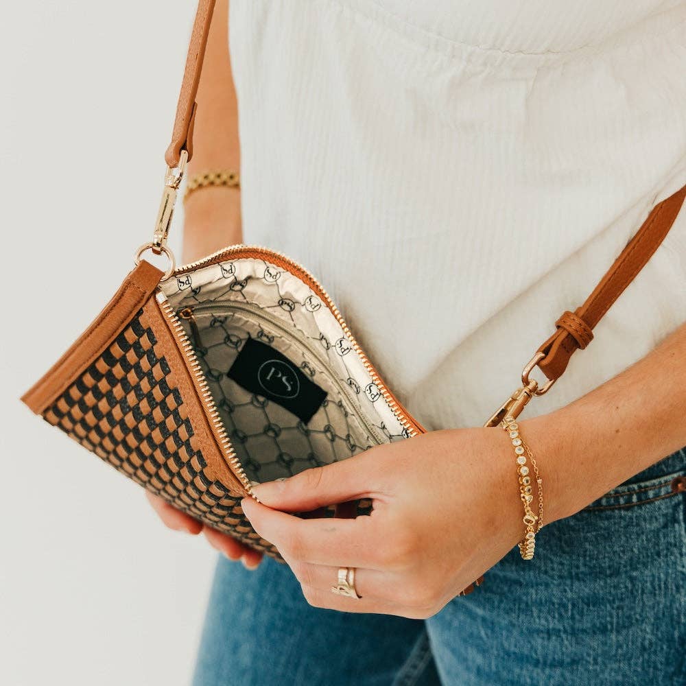 Woven vegan leather convertible crossbody and clutch bag