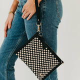 Woven vegan leather convertible crossbody and clutch bag