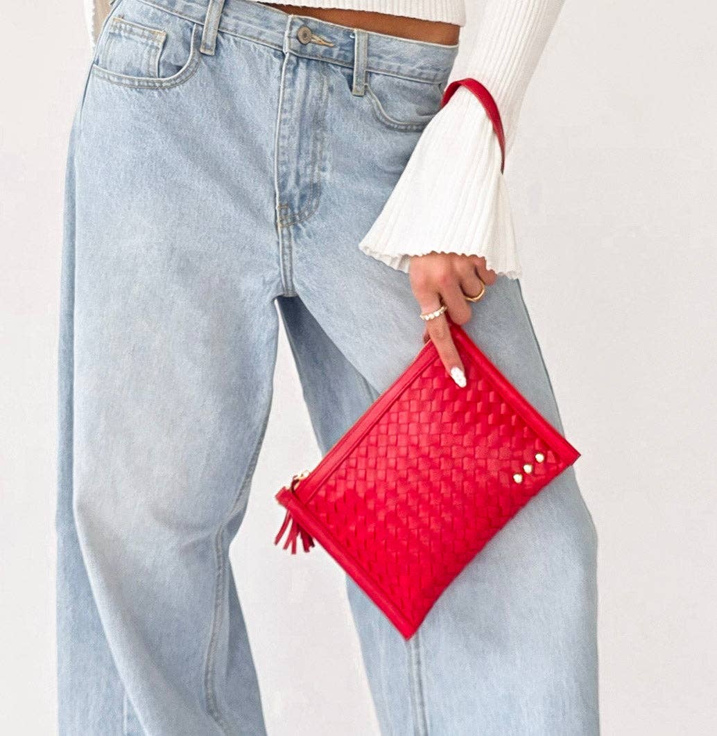 Woven vegan leather convertible crossbody and clutch bag