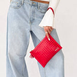 Woven vegan leather convertible crossbody and clutch bag