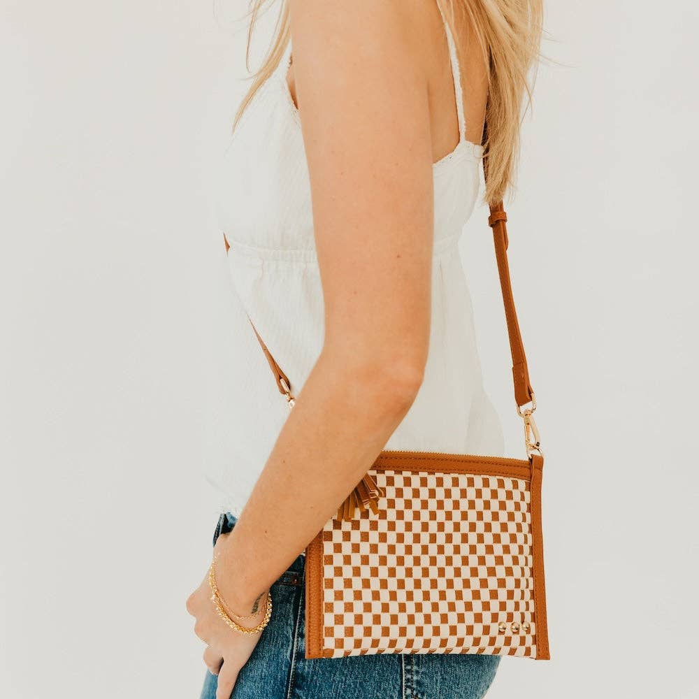 Woven vegan leather convertible crossbody and clutch bag