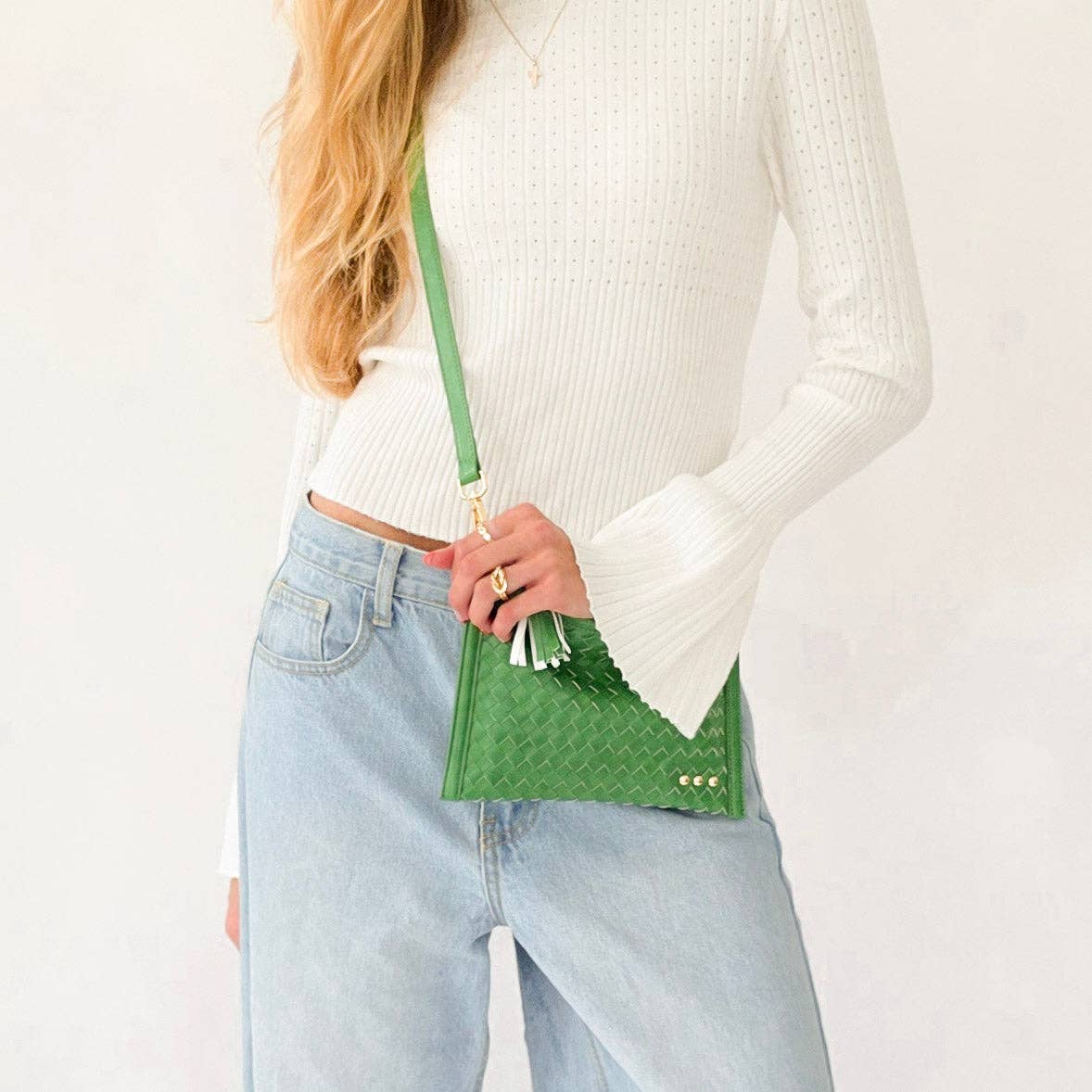 Woven vegan leather convertible crossbody and clutch bag