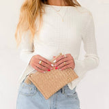 Woven vegan leather convertible crossbody and clutch bag