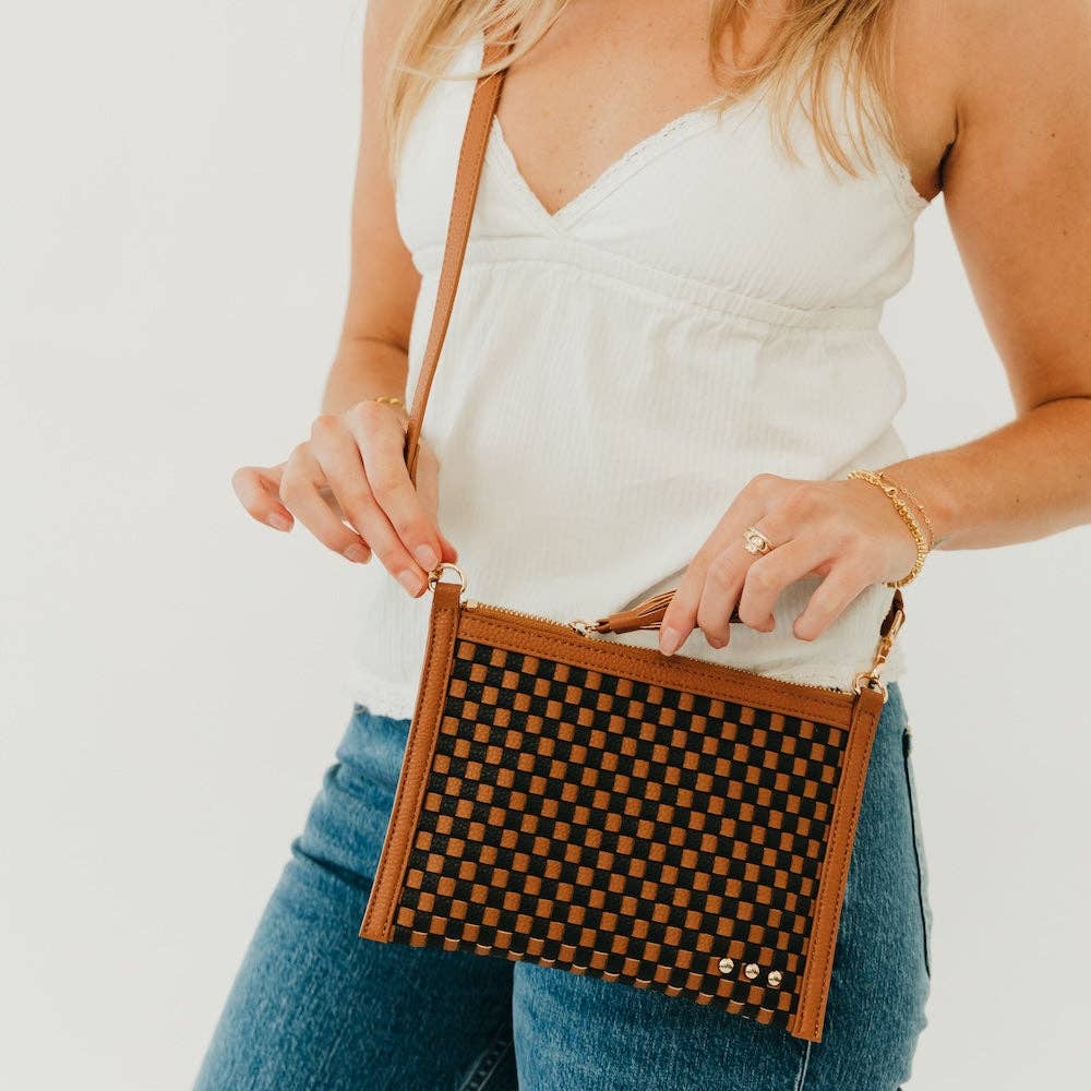 Woven vegan leather convertible crossbody and clutch bag