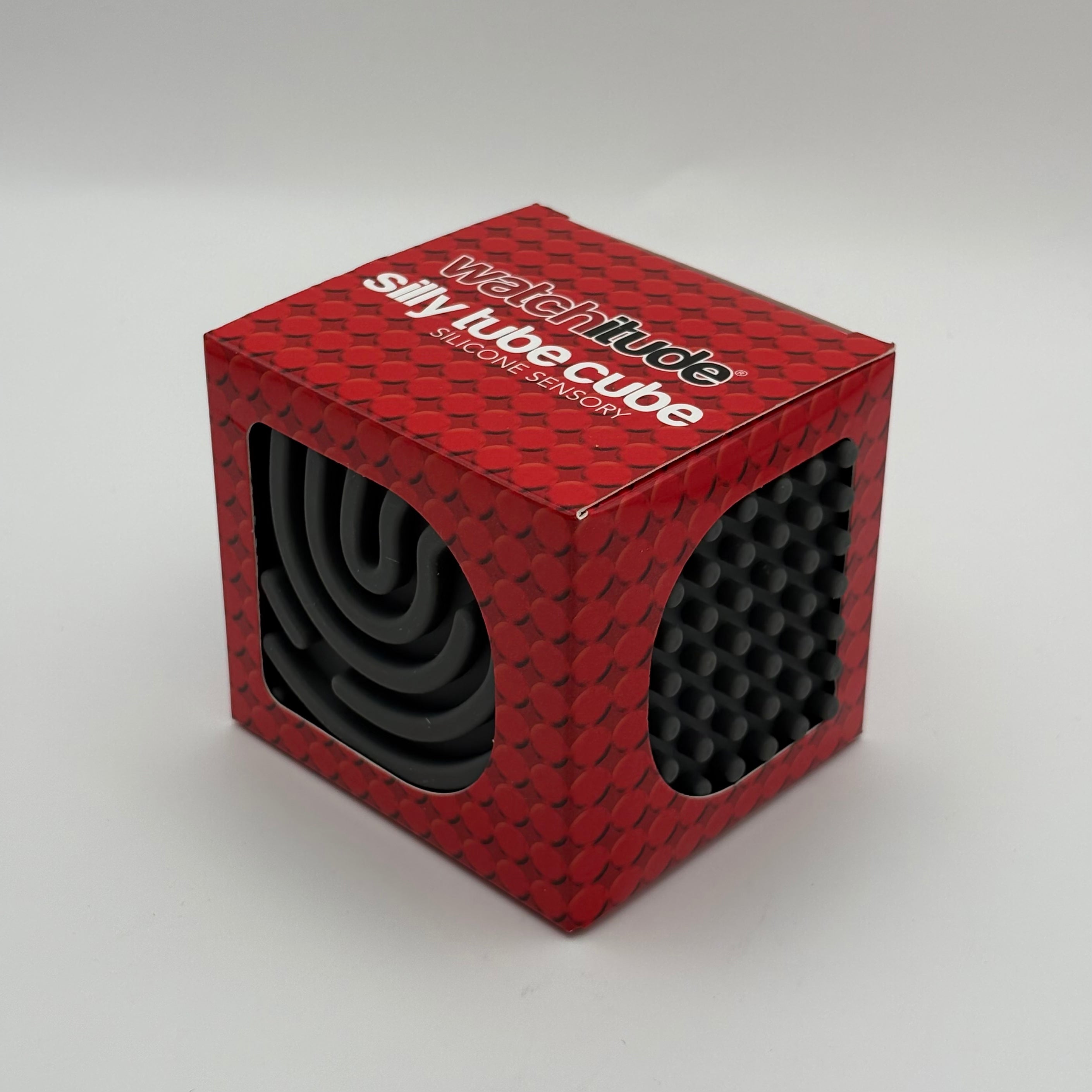 Red packaging silly cube with black interior on a white background