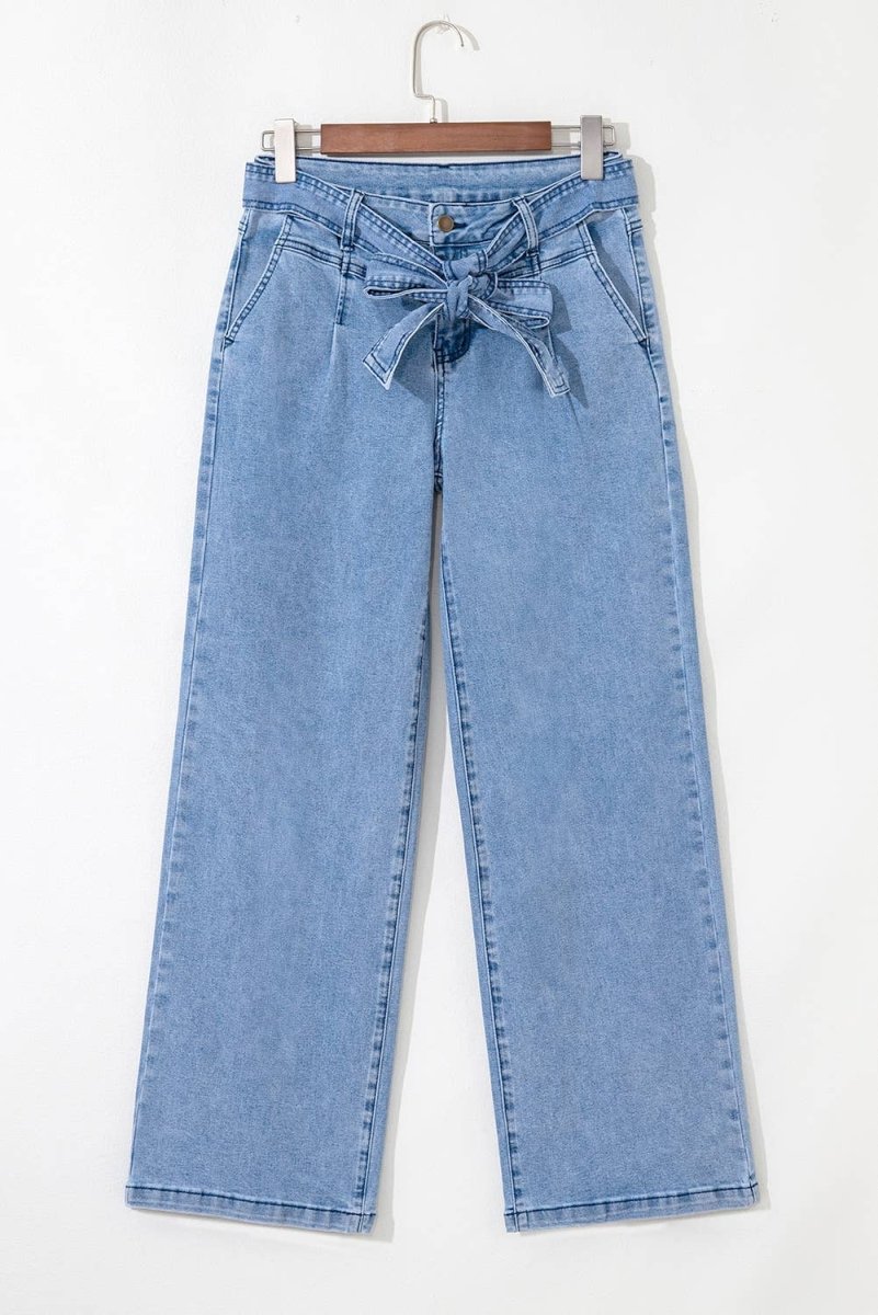 Western Washed Bow Knot Sash Wide Leg Jeans - Pages & Parcels