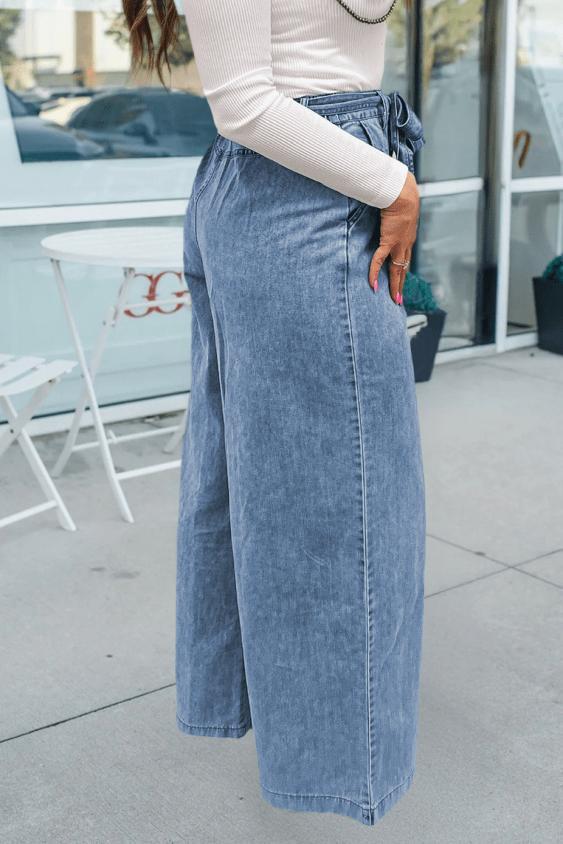 Western Washed Bow Knot Sash Wide Leg Jeans - Pages & Parcels