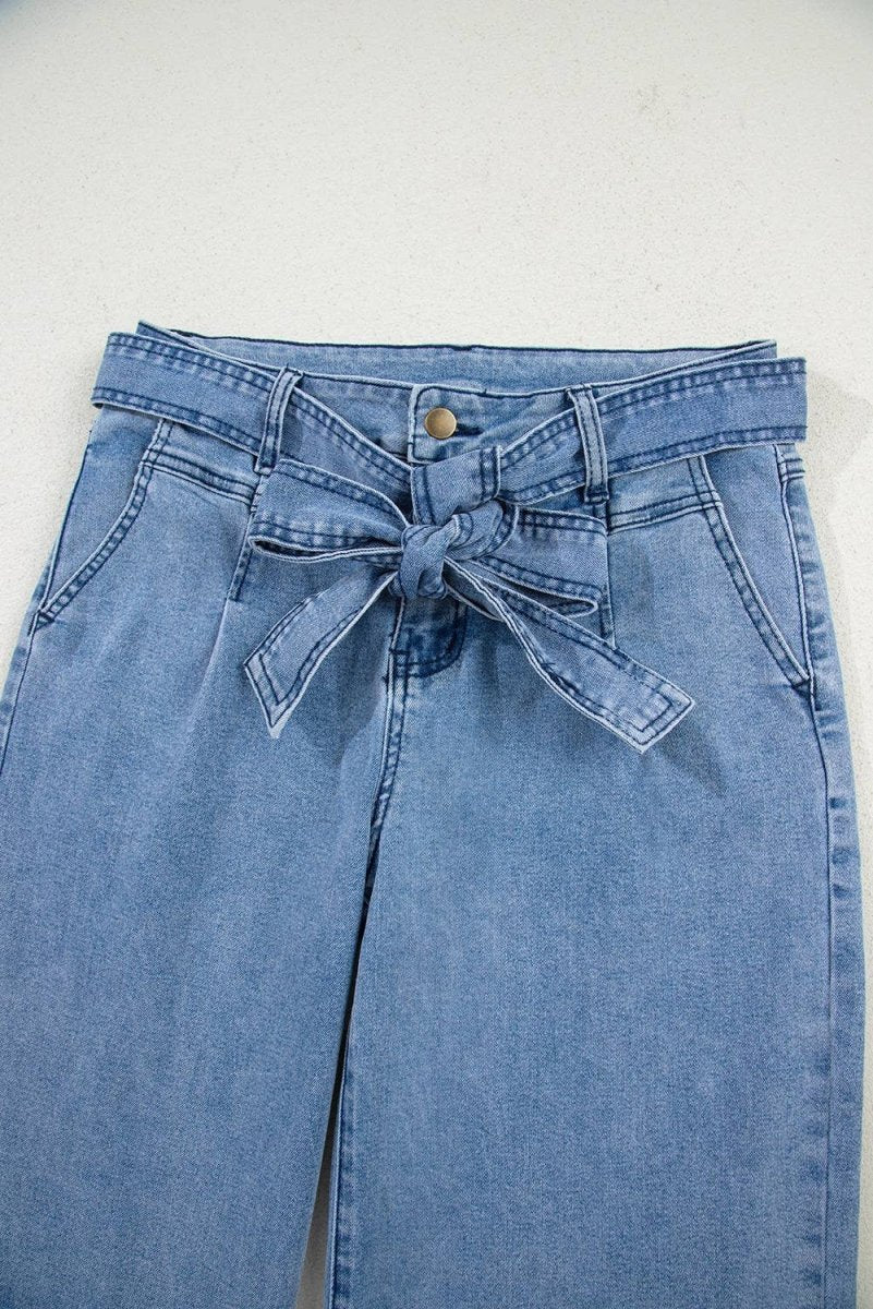 Western Washed Bow Knot Sash Wide Leg Jeans - Pages & Parcels