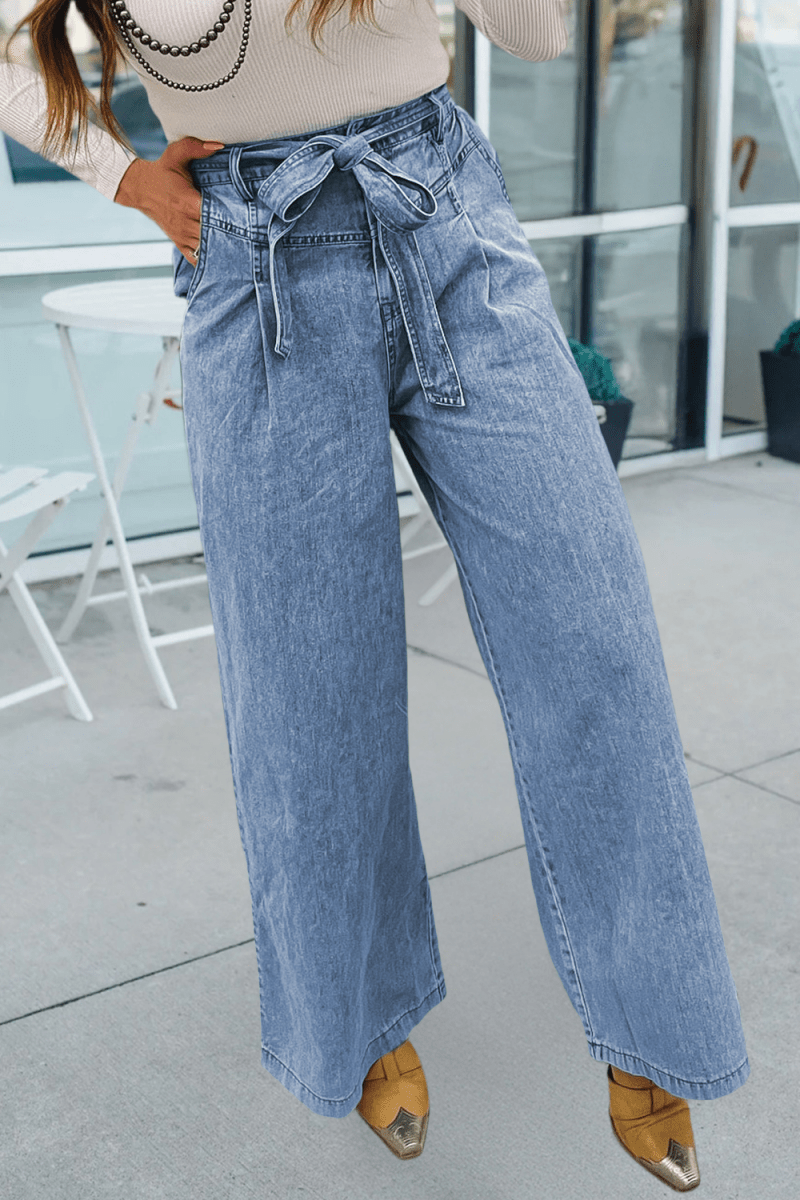 Western Washed Bow Knot Sash Wide Leg Jeans - Pages & Parcels