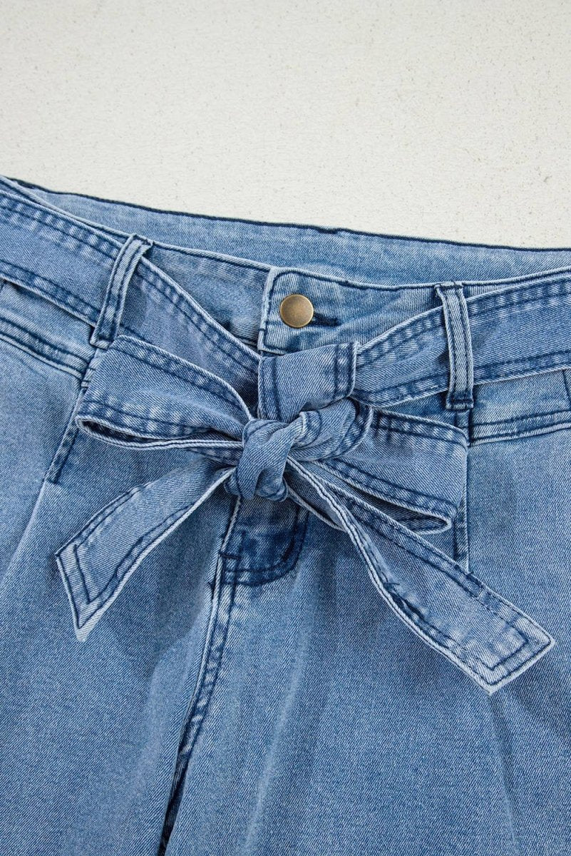 Western Washed Bow Knot Sash Wide Leg Jeans - Pages & Parcels