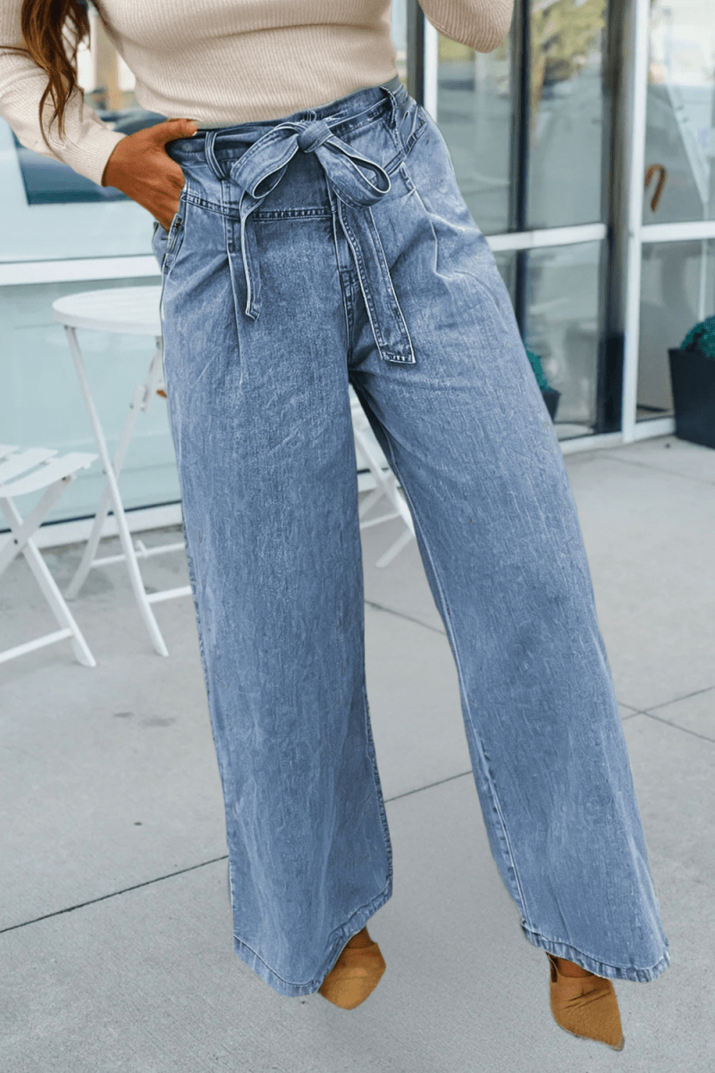 Western Washed Bow Knot Sash Wide Leg Jeans - Pages & Parcels