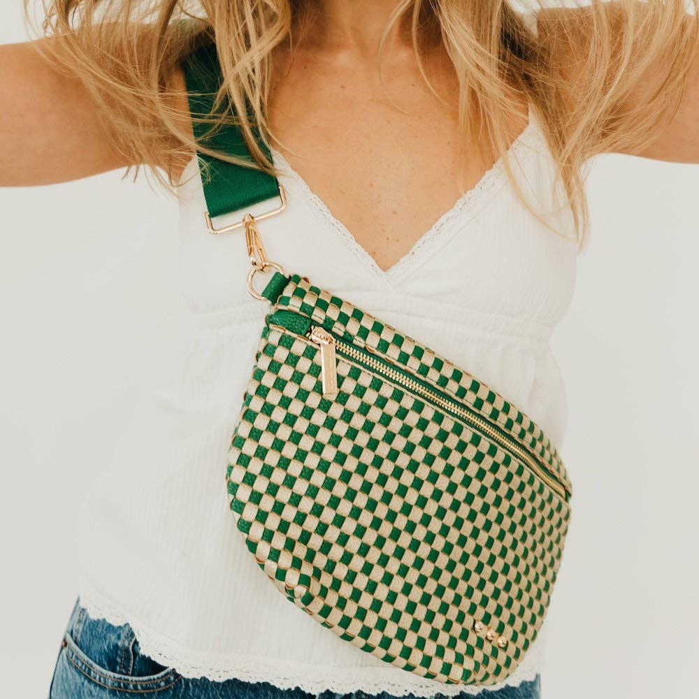 Woven vegan leather crossbody bum bag in brown