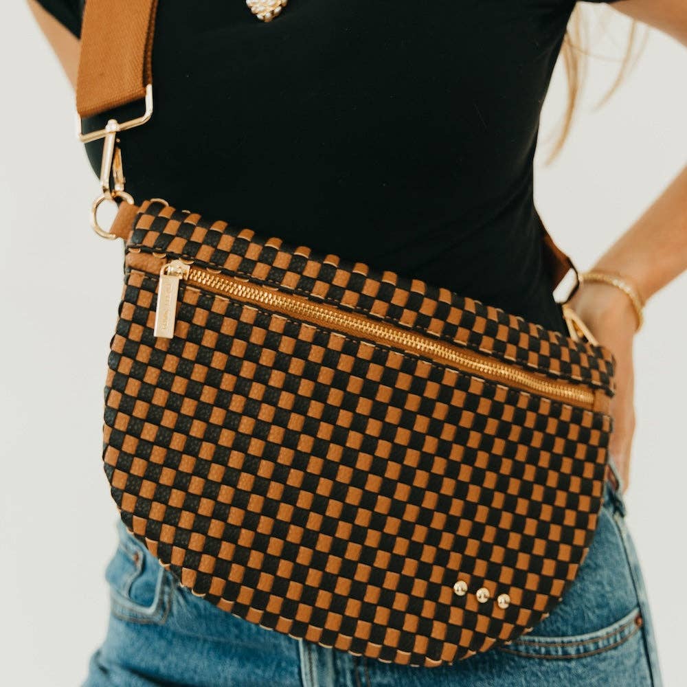 Woven vegan leather crossbody bum bag in brown