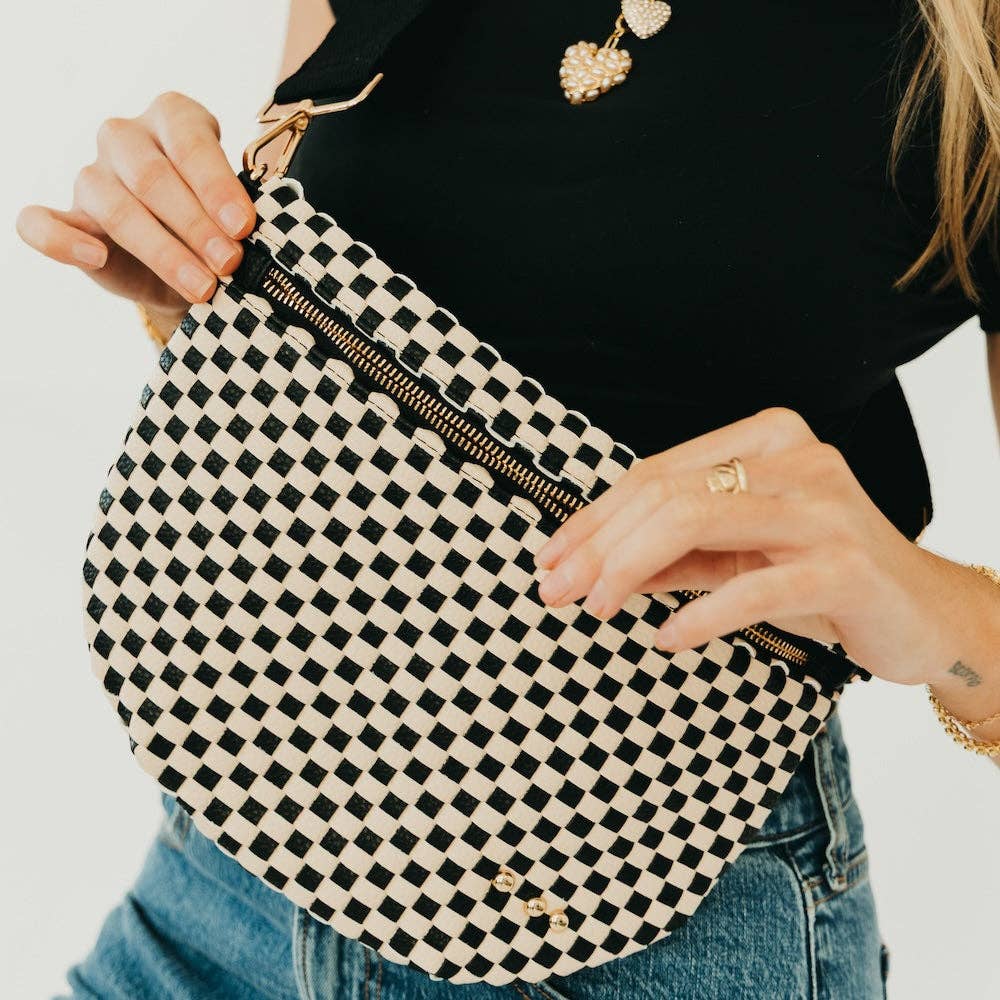Woven vegan leather crossbody bum bag in brown