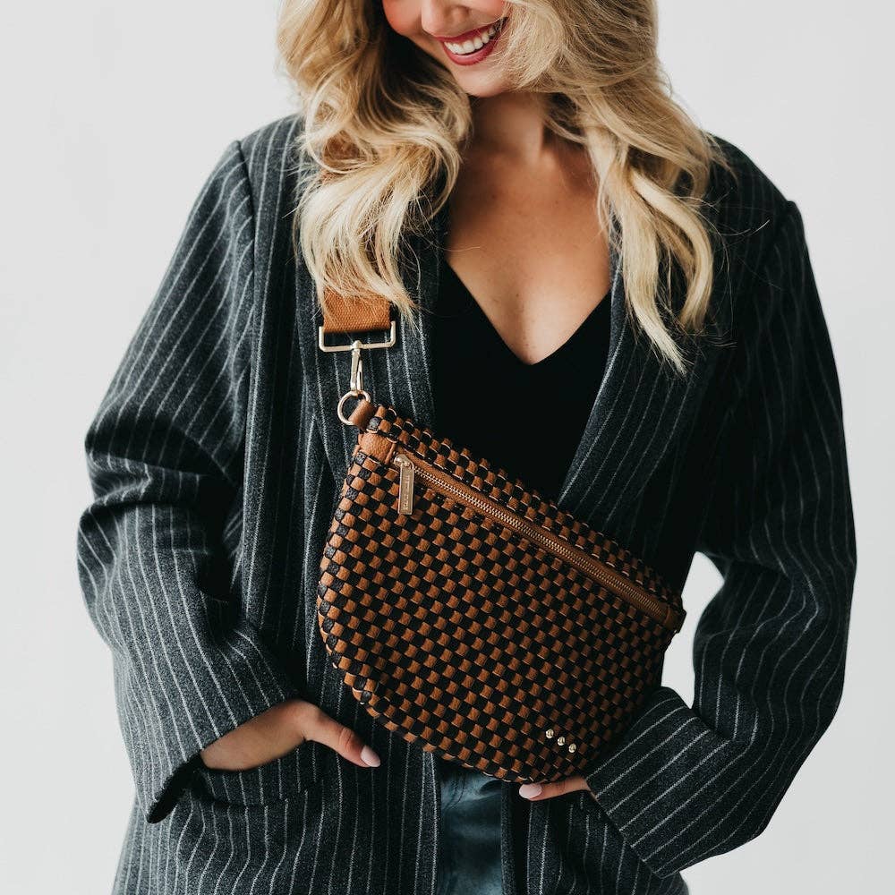 Woven vegan leather crossbody bum bag in brown