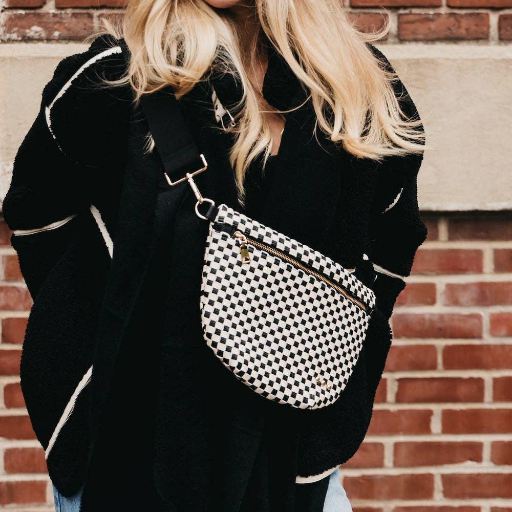 Woven vegan leather crossbody bum bag in brown