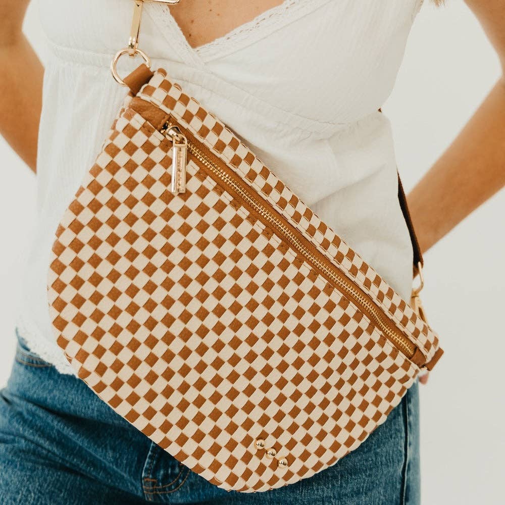Woven vegan leather crossbody bum bag in brown