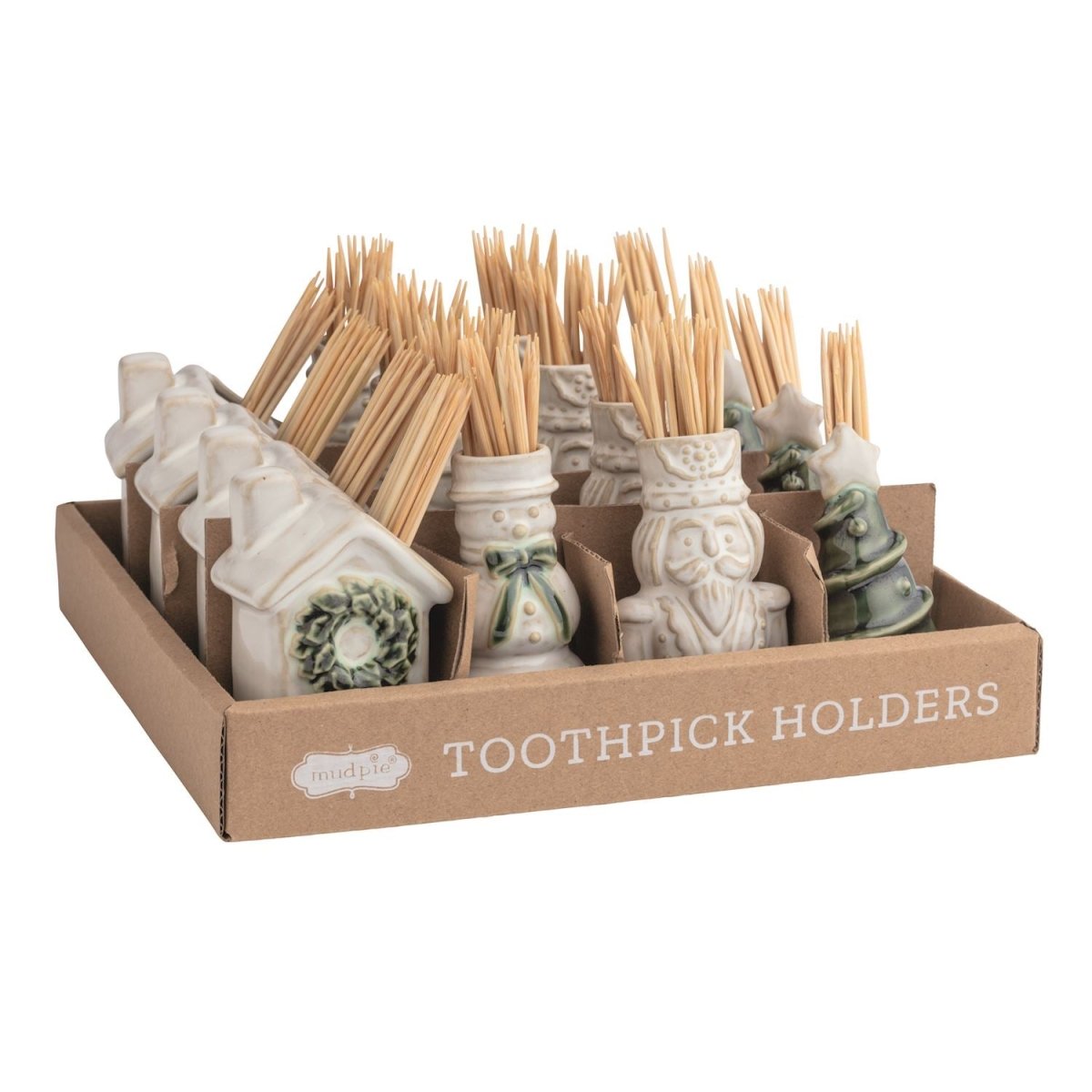 Figural ceramic toothpick caddy set with wooden toothpicks