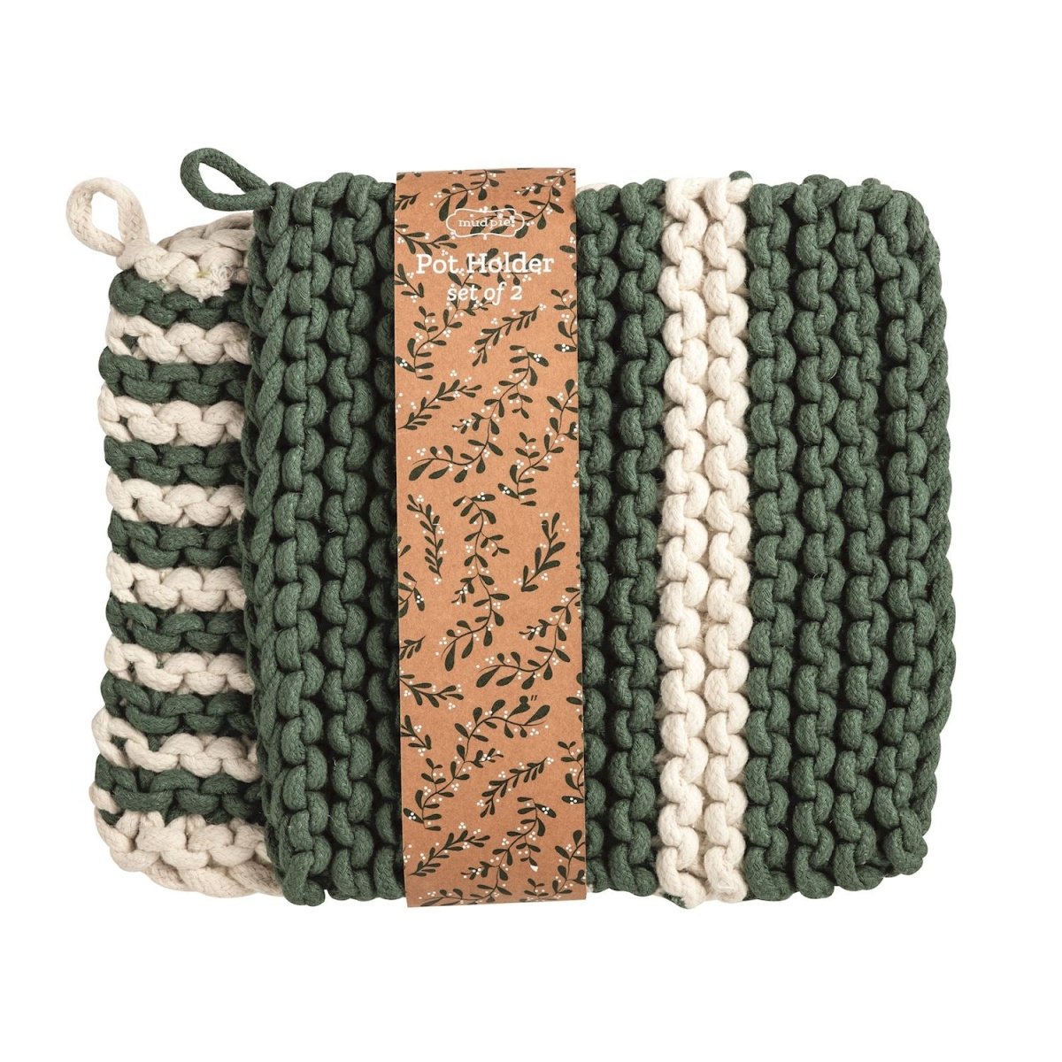 Set of two crochet knit pot holders in white and green stripe