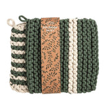 Set of two crochet knit pot holders in white and green stripe