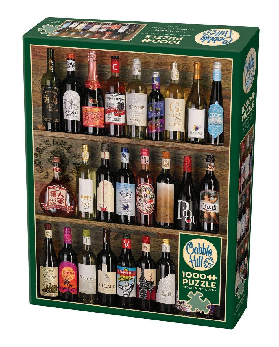 Jigsaw puzzle box with bottle designs on a white background