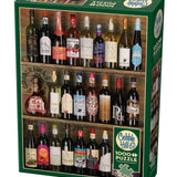Jigsaw puzzle box with bottle designs on a white background